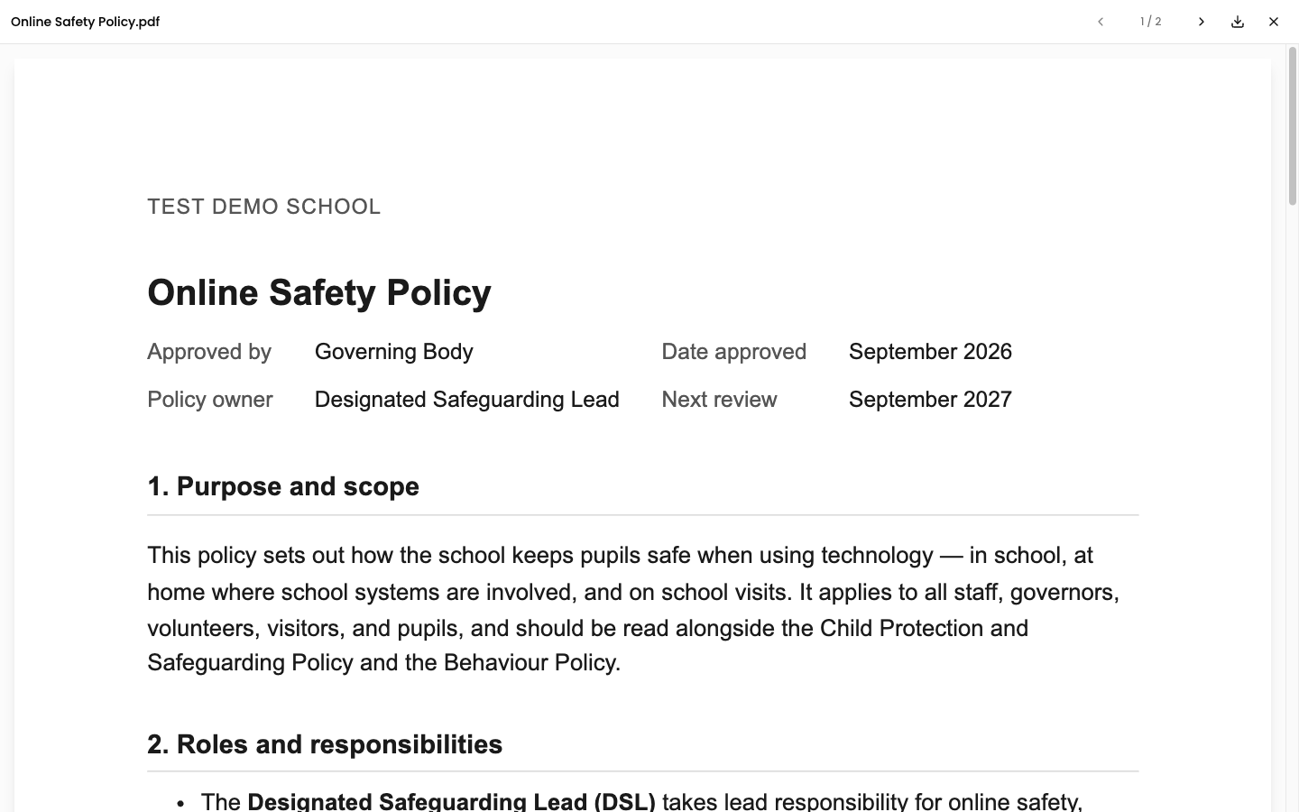 The opened policy document viewer showing the full policy content, with page controls and a download button