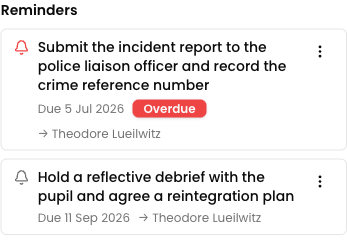 The Reminders section on an incident showing an overdue reminder and an upcoming reminder, each assigned to a staff member