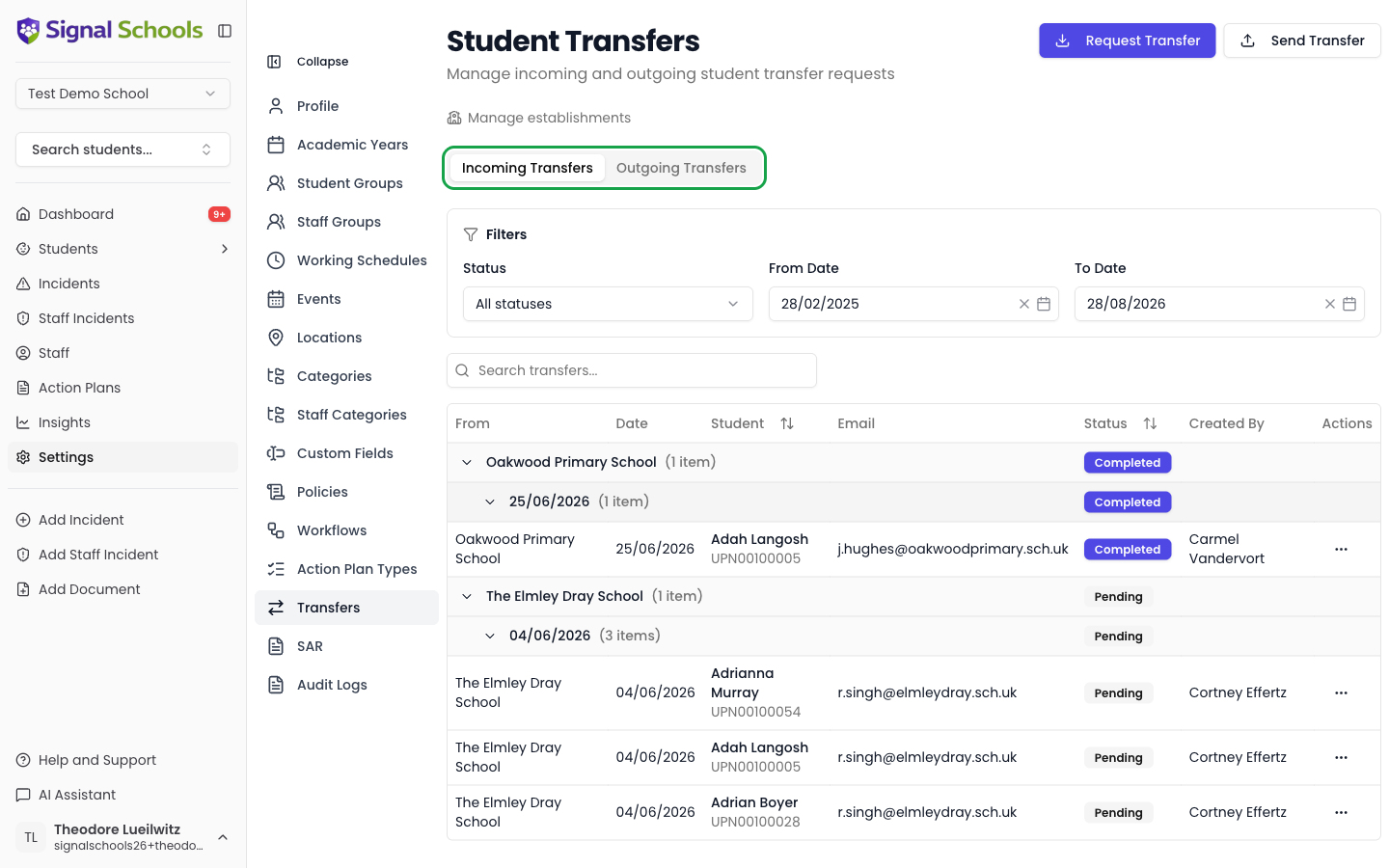 The Transfers page with Incoming and Outgoing tabs and transfer records with status badges