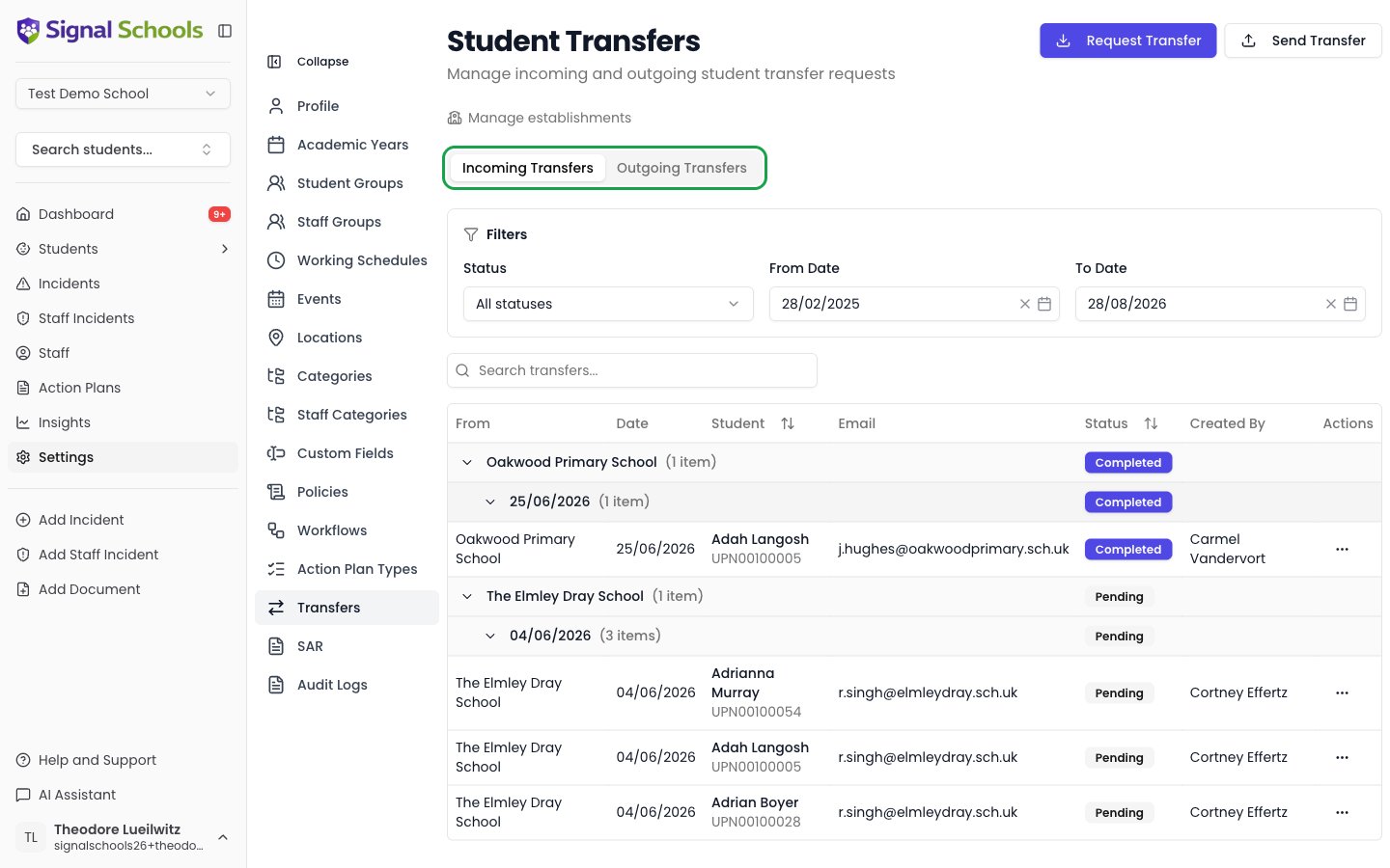 The Transfers page showing incoming transfers grouped by school, with Completed and Pending status badges