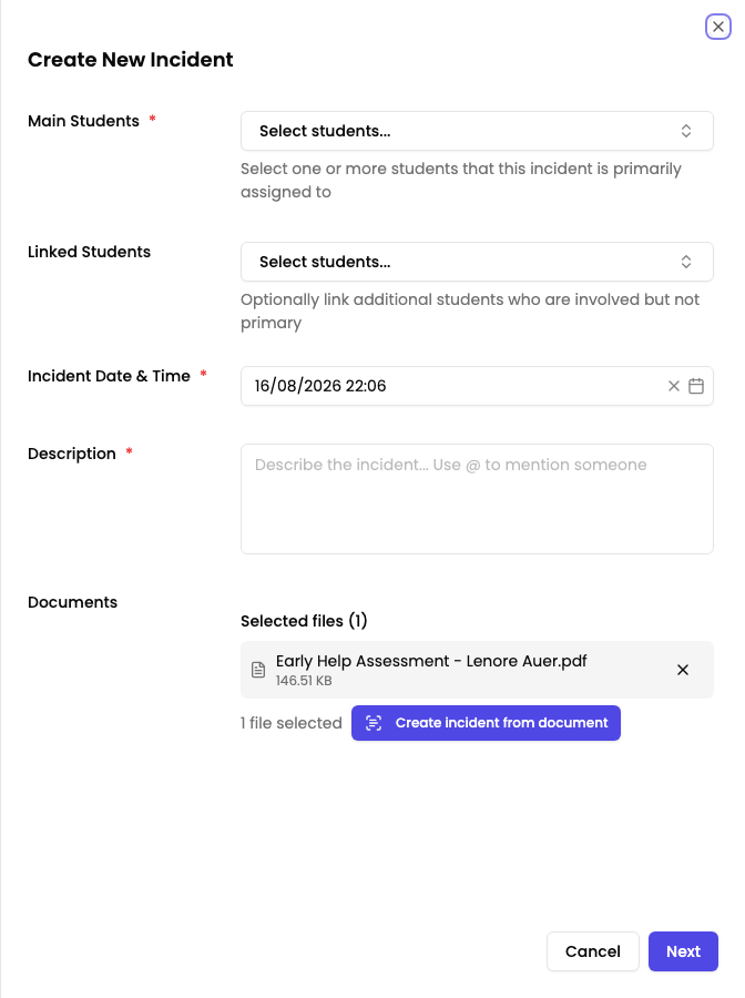 The Create New Incident dialog with a file attached and the Create incident from document button showing beneath it