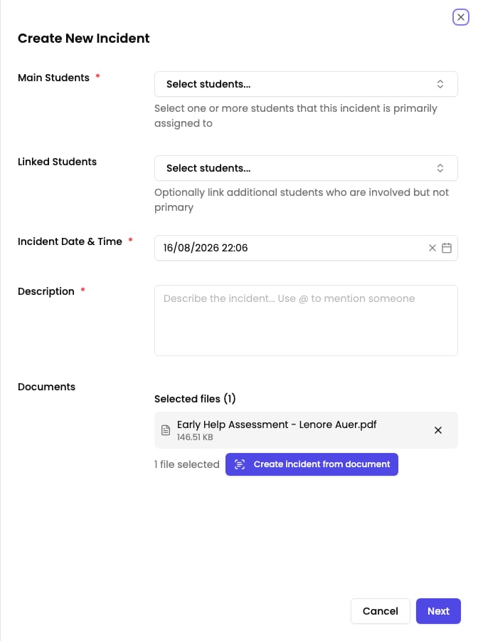 The Create New Incident dialog with a file attached and the Create incident from document button showing beneath it