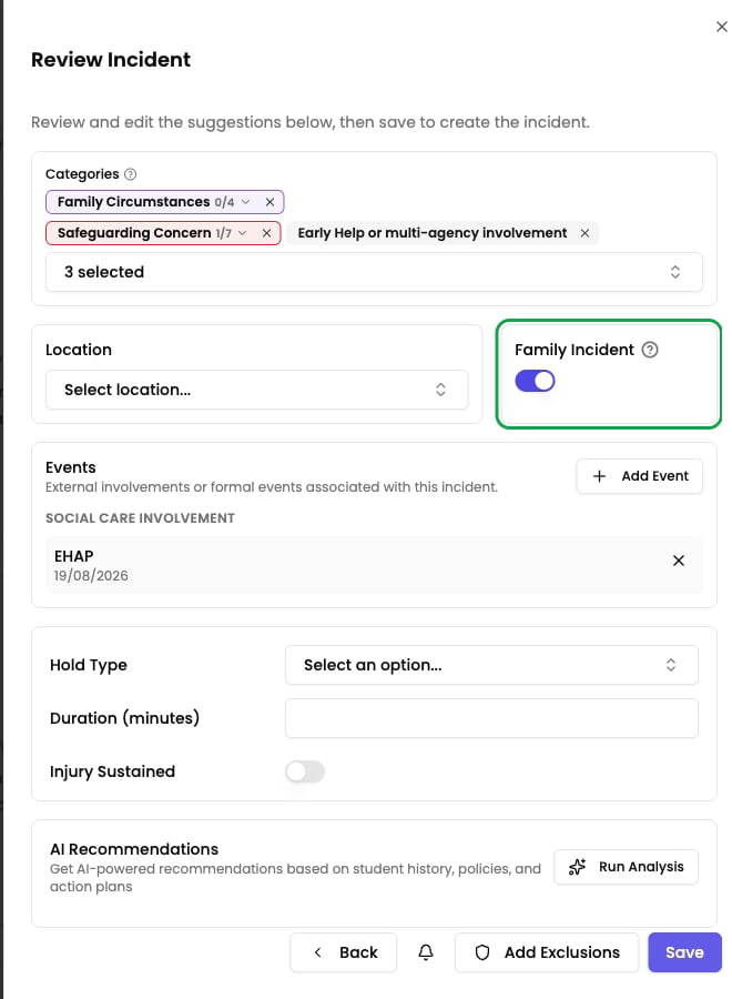 The Review Incident step with the Family Incident toggle highlighted beside the Location field