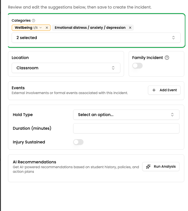 The review step showing the AI-suggested category, location and Family Incident setting, ready to accept or change