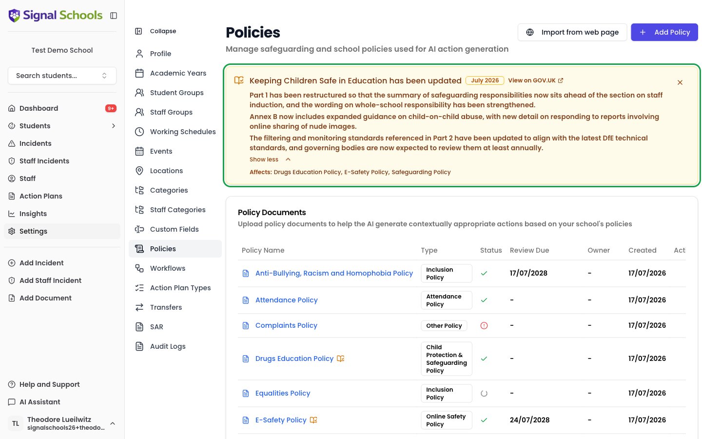 The guidance update banner at the top of the policies page, showing the document name, version badge, GOV.UK link, summary of what changed, and the affected policies