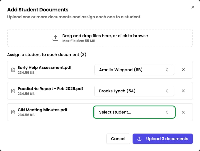 The Add Student Documents dialog with several files listed, each row showing a file name, file size, and a student search box, with one row's student picker highlighted