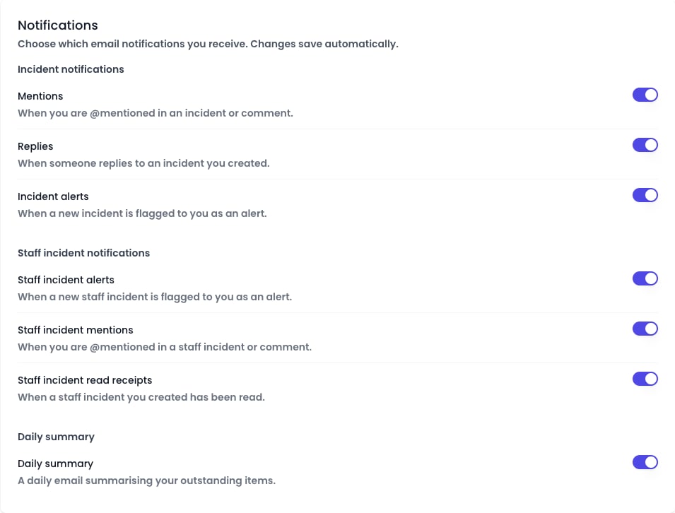 The Notifications section on the profile page showing the notification toggles