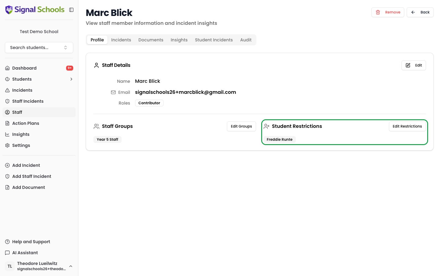 The Student Restrictions section on a staff member's profile, with the Edit Restrictions button, listing the students that member of staff cannot see