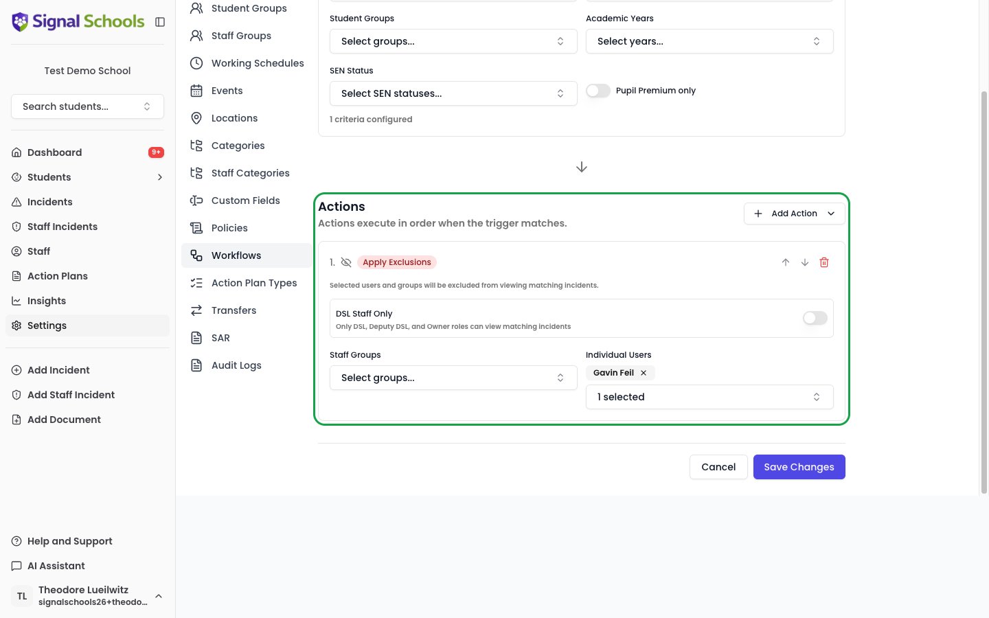 The Apply Exclusions action on a workflow, showing the DSL Staff Only toggle and the Staff Groups and Individual Users selectors