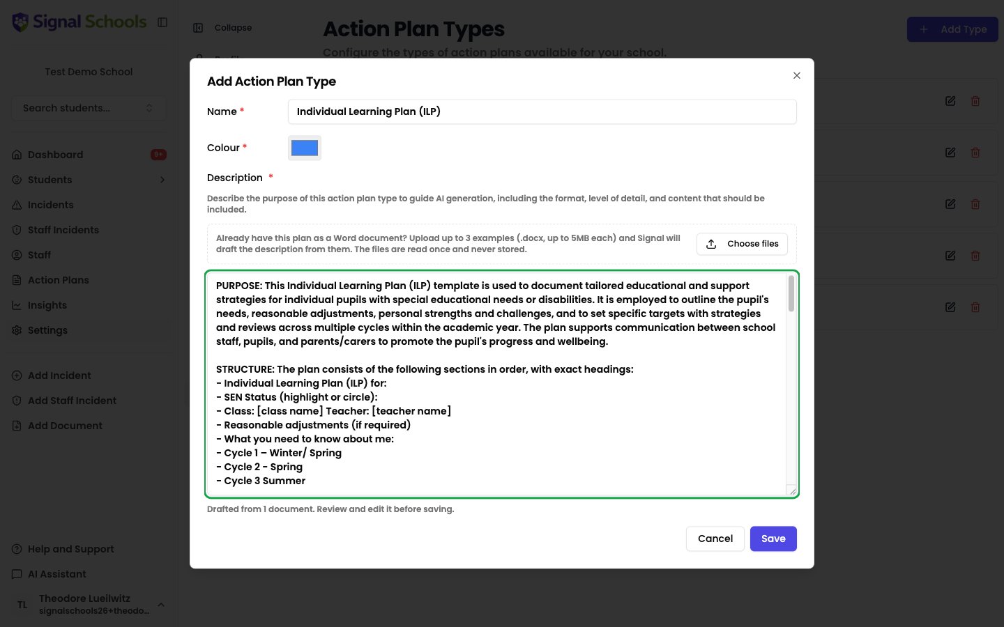 The Description field populated with an AI-drafted description listing the plan's sections in order and describing what belongs in each one