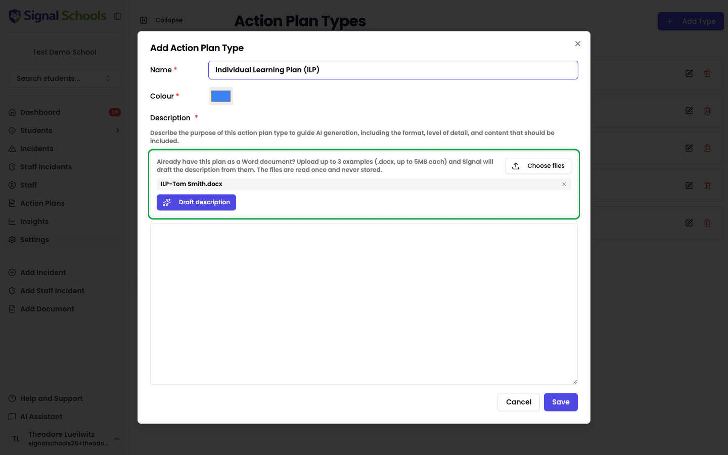 The Add Action Plan Type dialog with the example-plan upload area highlighted beneath the Description field, showing an uploaded ILP document ready to use