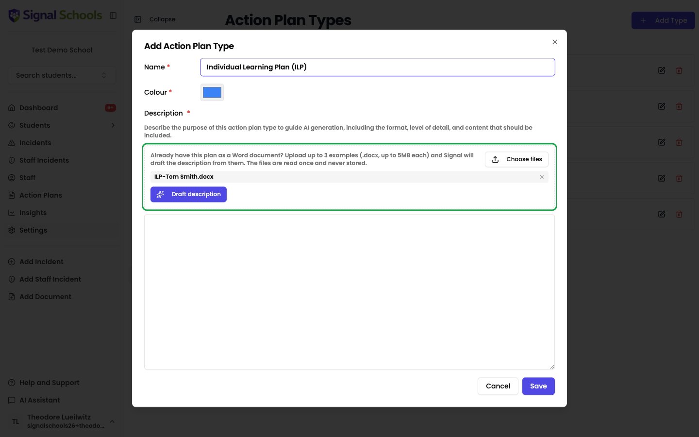 The Add Action Plan Type dialog with the example-plan upload area highlighted beneath the Description field, showing an uploaded ILP document ready to use