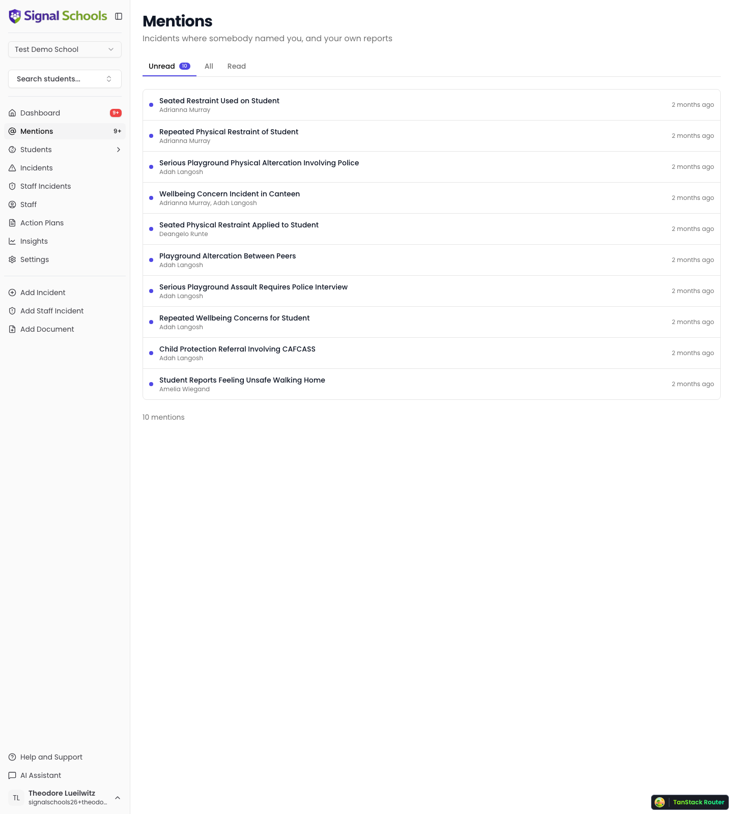 The mentions panel open on the dashboard, showing the Unread, All and Read tabs
