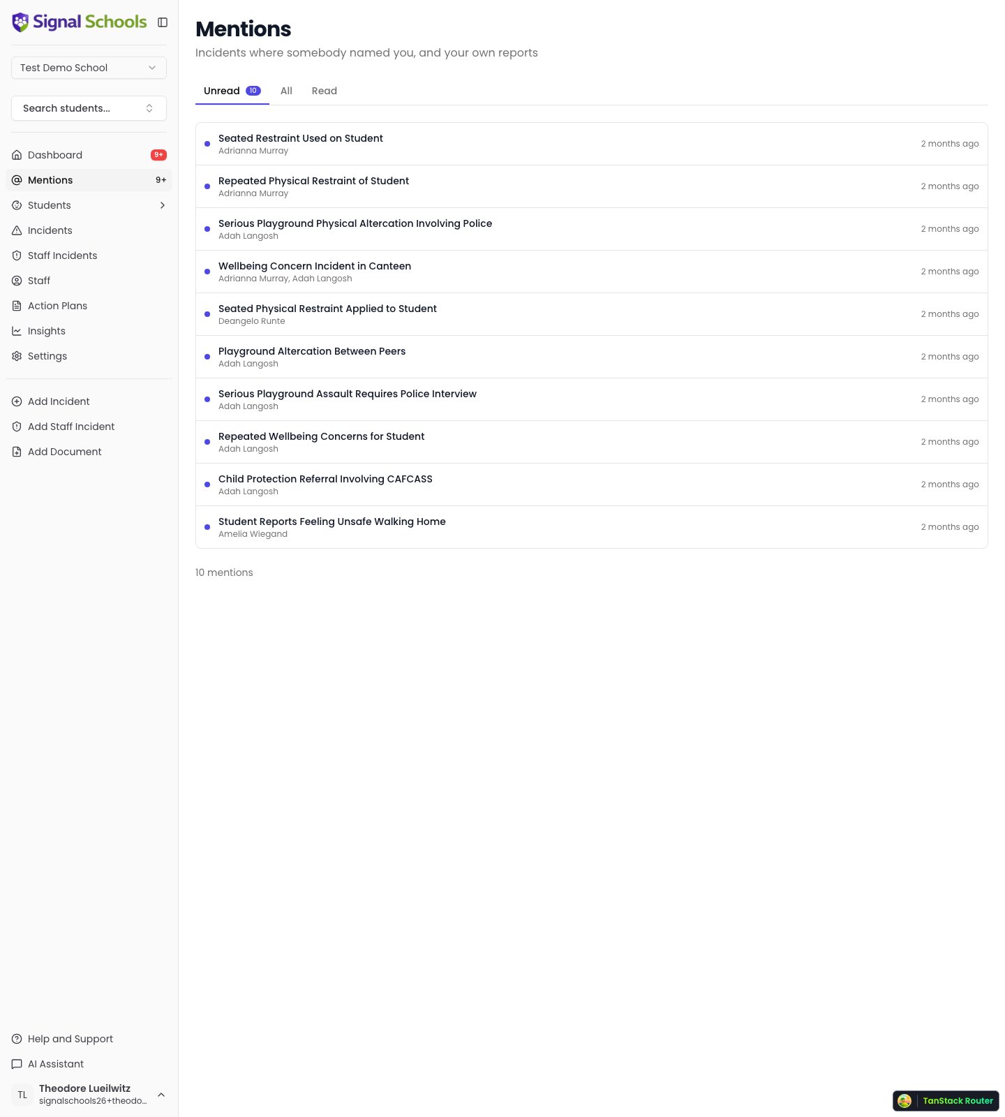 The mentions panel open on the dashboard, showing the Unread, All and Read tabs