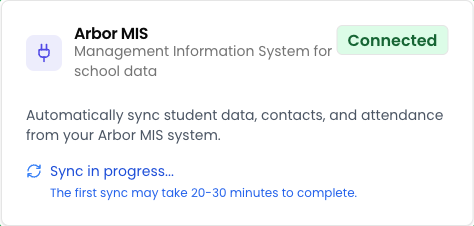 The integration card showing Connected with a sync in progress indicator and the note that the first sync may take 20-30 minutes
