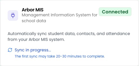 The integration card showing Connected with a sync in progress indicator and the note that the first sync may take 20-30 minutes