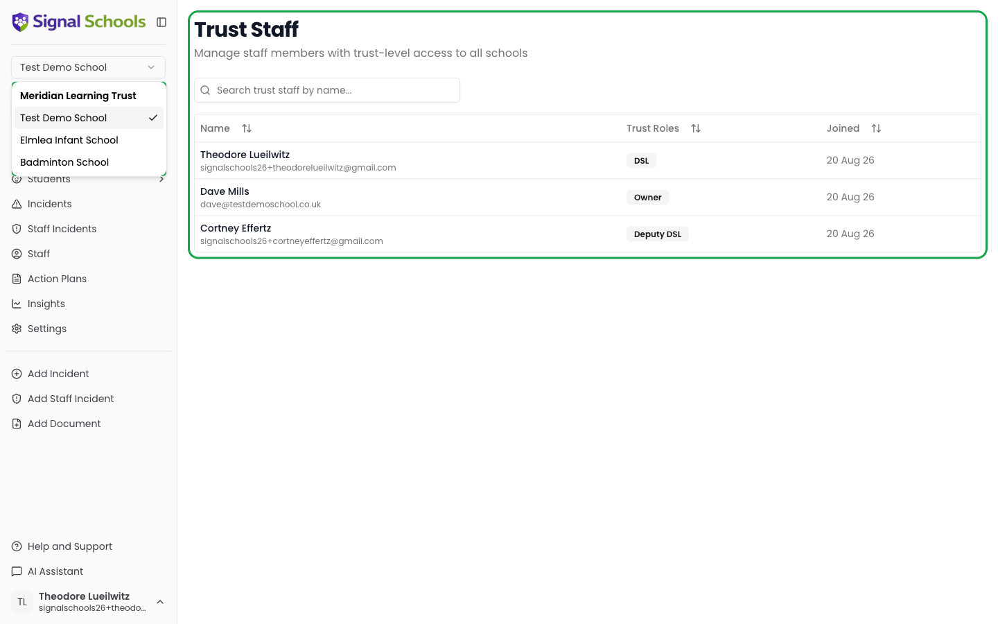 The school switcher showing every school in the trust, grouped under the trust name