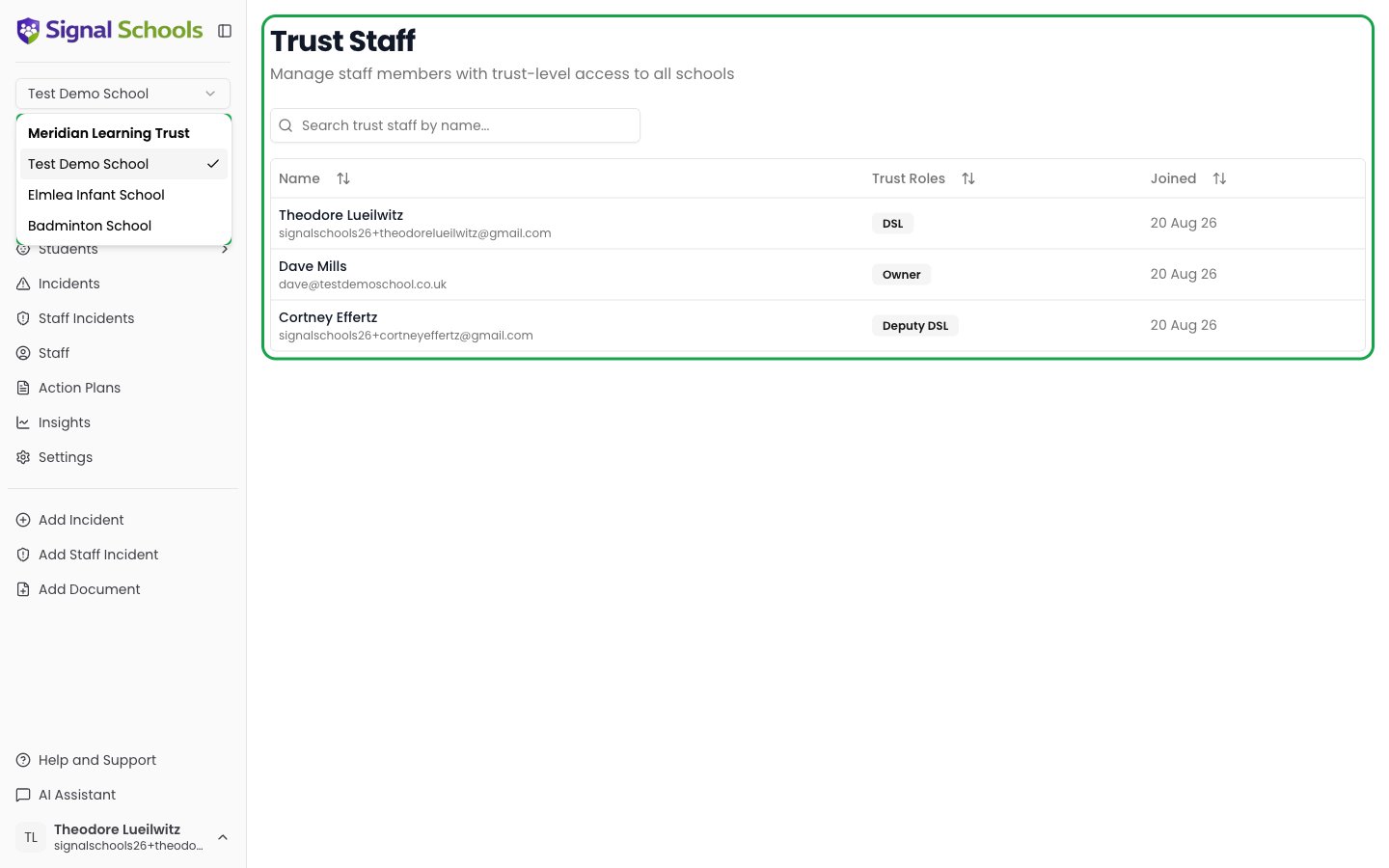 The school switcher showing every school in the trust, grouped under the trust name