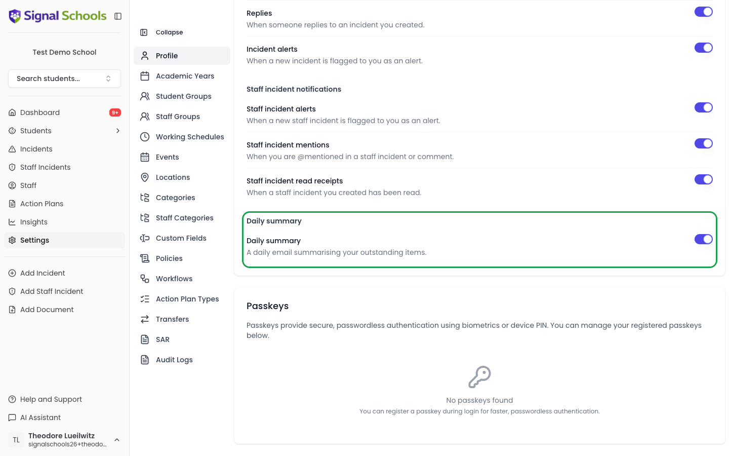 The Daily summary toggle in notification settings, used to turn the digest on or off