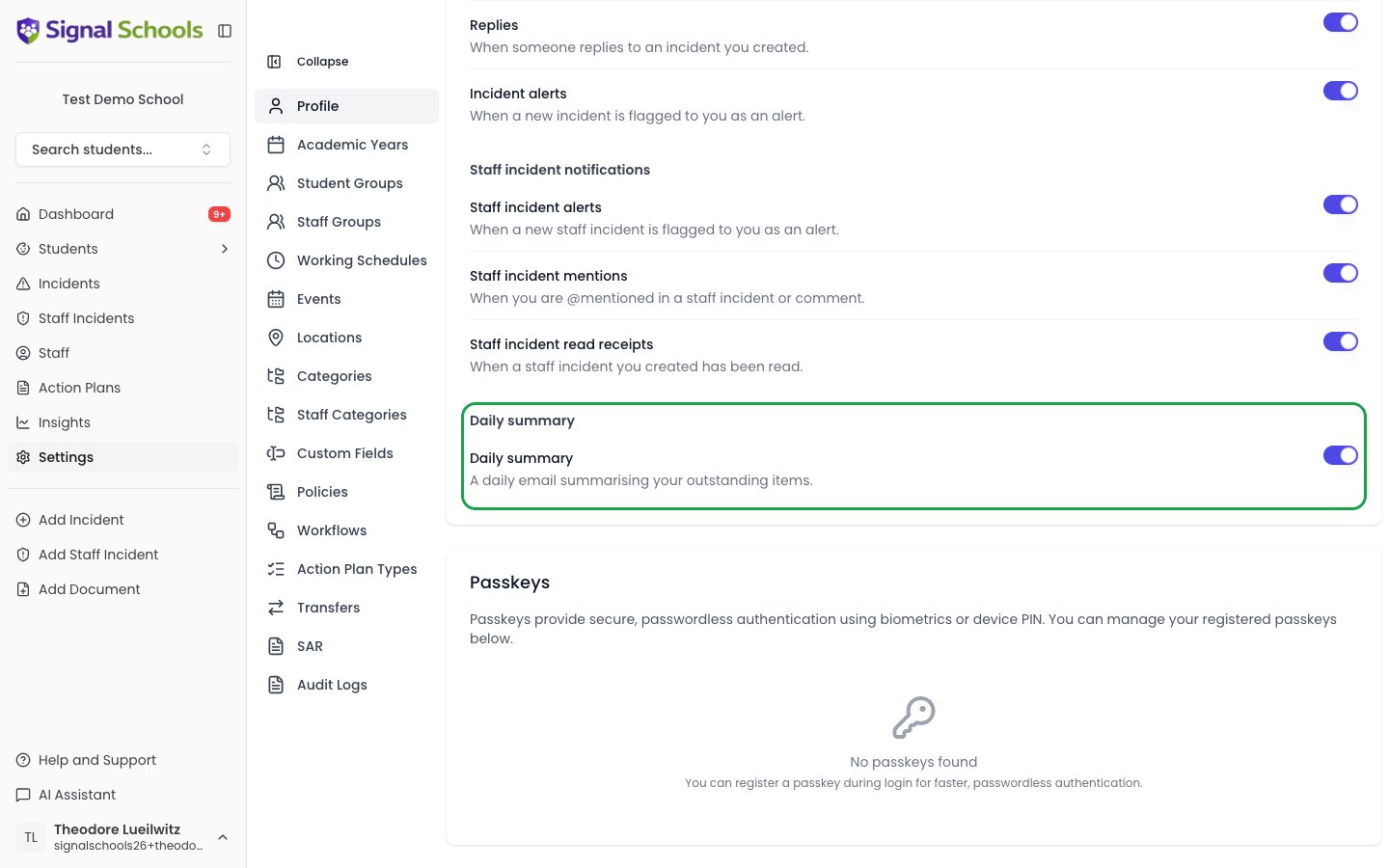 The Daily summary toggle in notification settings, used to turn the digest on or off