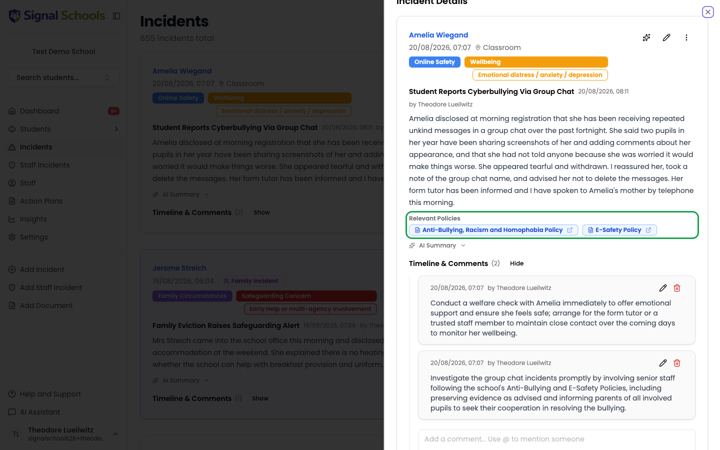 Incident detail view showing matched policies panel