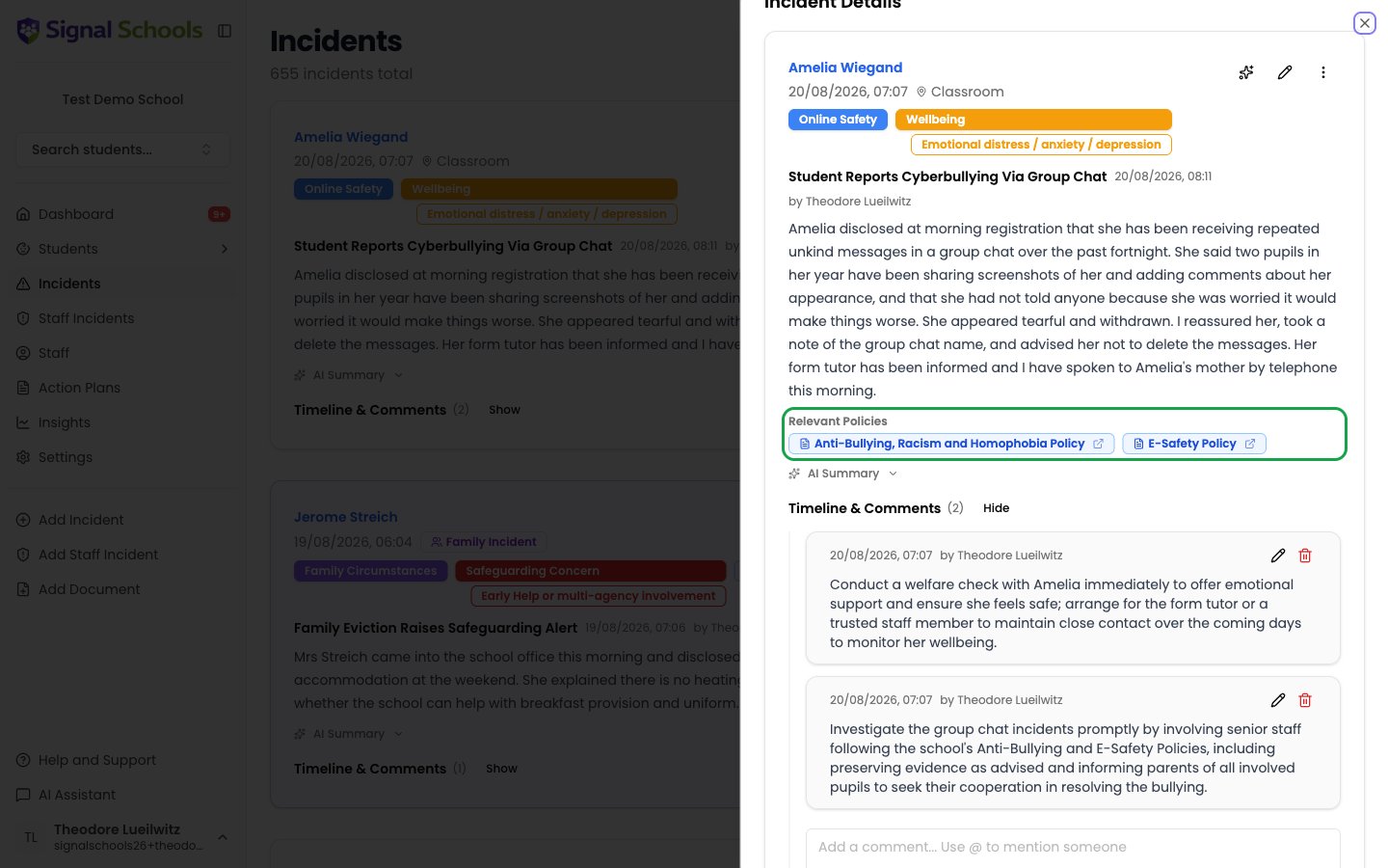 Incident detail view showing matched policies panel