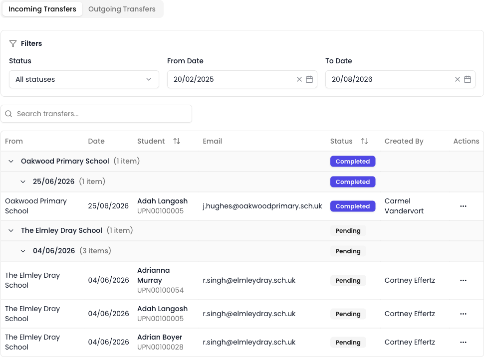 The Incoming Transfers tab listing transfers grouped by sending school and date, each with its student, contact email, and Completed or Pending status