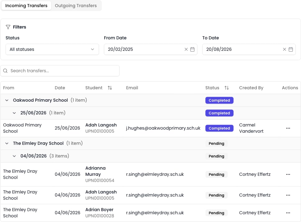 The Incoming Transfers tab listing transfers grouped by sending school and date, each with its student, contact email, and Completed or Pending status