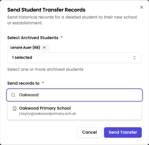 The Send Student Transfer Records dialog with an archived student selected and the receiving school chosen from the establishments directory