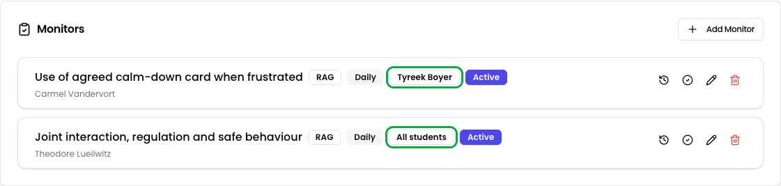 The Monitors section of a joint plan, one monitor badged with a student's name and one badged All students