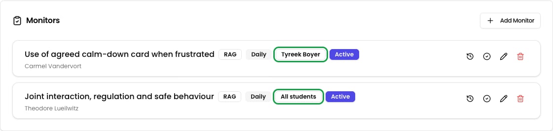 The Monitors section of a joint plan, one monitor badged with a student's name and one badged All students