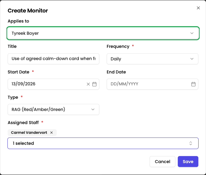 The Create Monitor form on a joint plan with the Applies to selector set to one named student