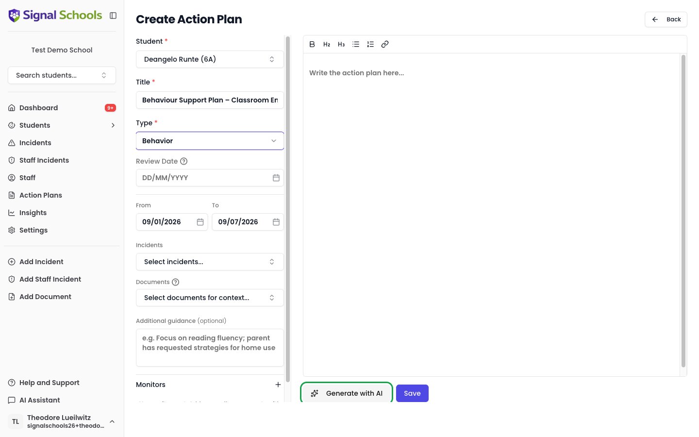 The Create Action Plan editor with student, title, type, and review date fields, a rich-text content area, and a Generate with AI button