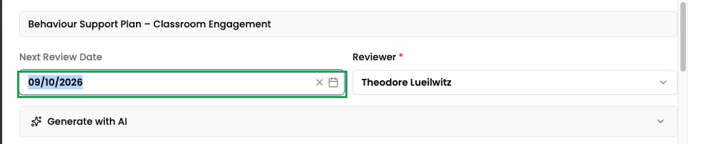 The Next Review Date picker and Reviewer selector when scheduling an action plan review