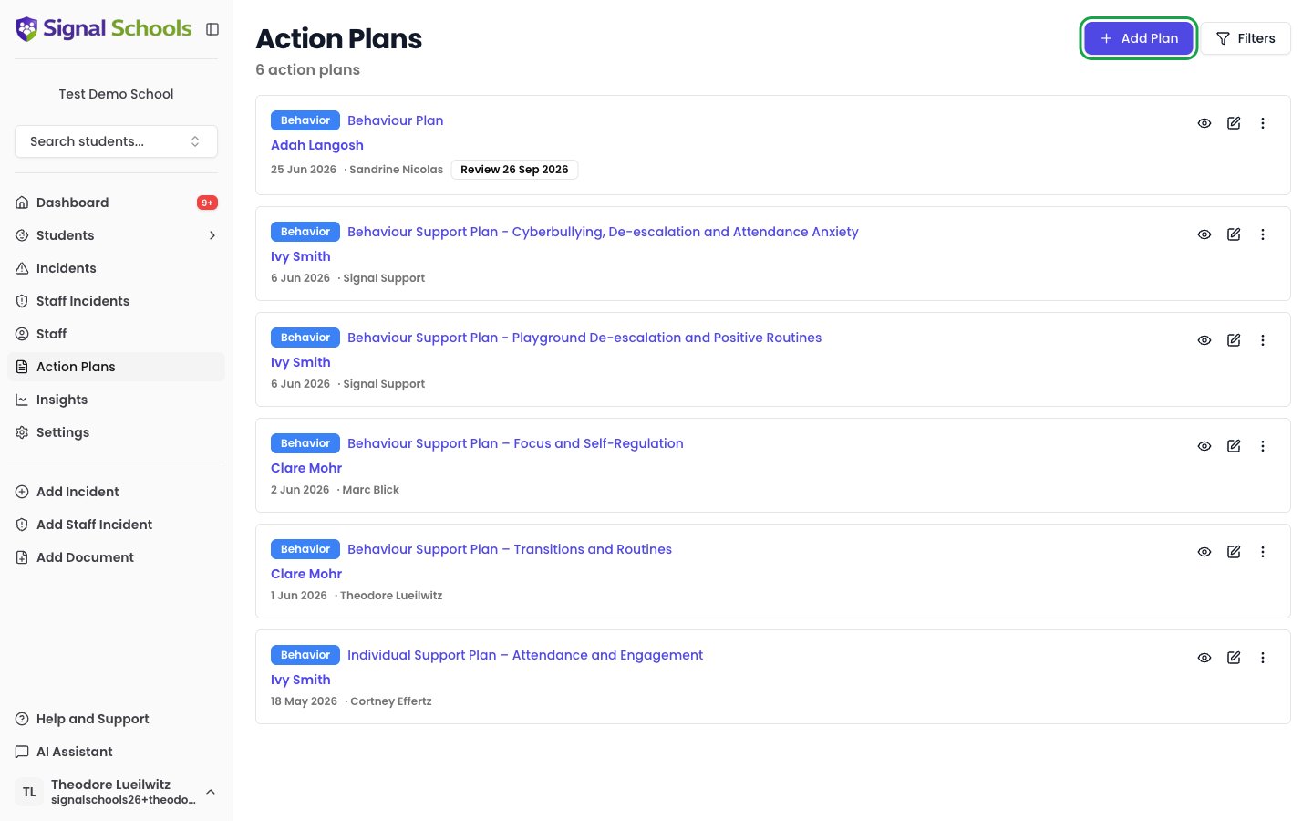 The Action Plans list with the Add Plan button highlighted in the top right