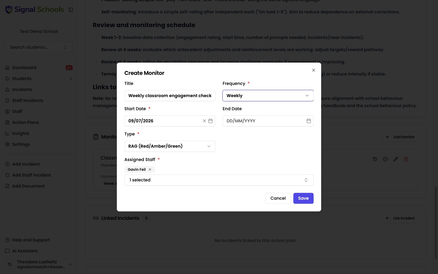 The Create Monitor form with title, frequency, start date, RAG type, and assigned staff fields