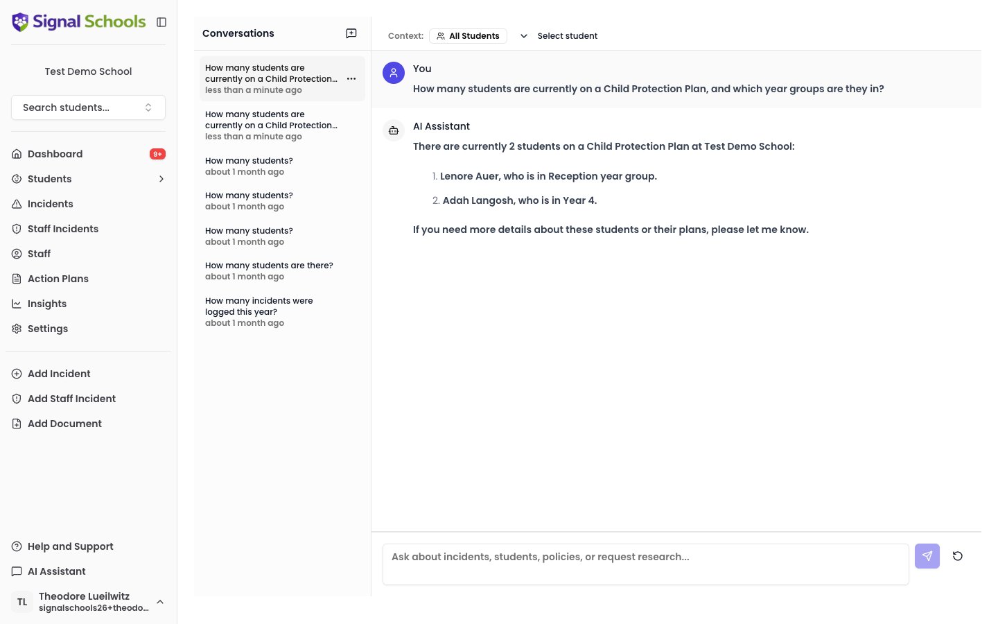 The AI Assistant answering a question about students on a Child Protection Plan, with a data-grounded response and a conversation history sidebar