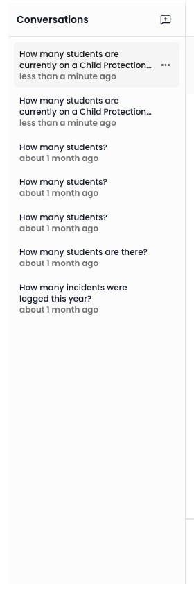 The AI Assistant conversation history sidebar listing previous questions and sessions