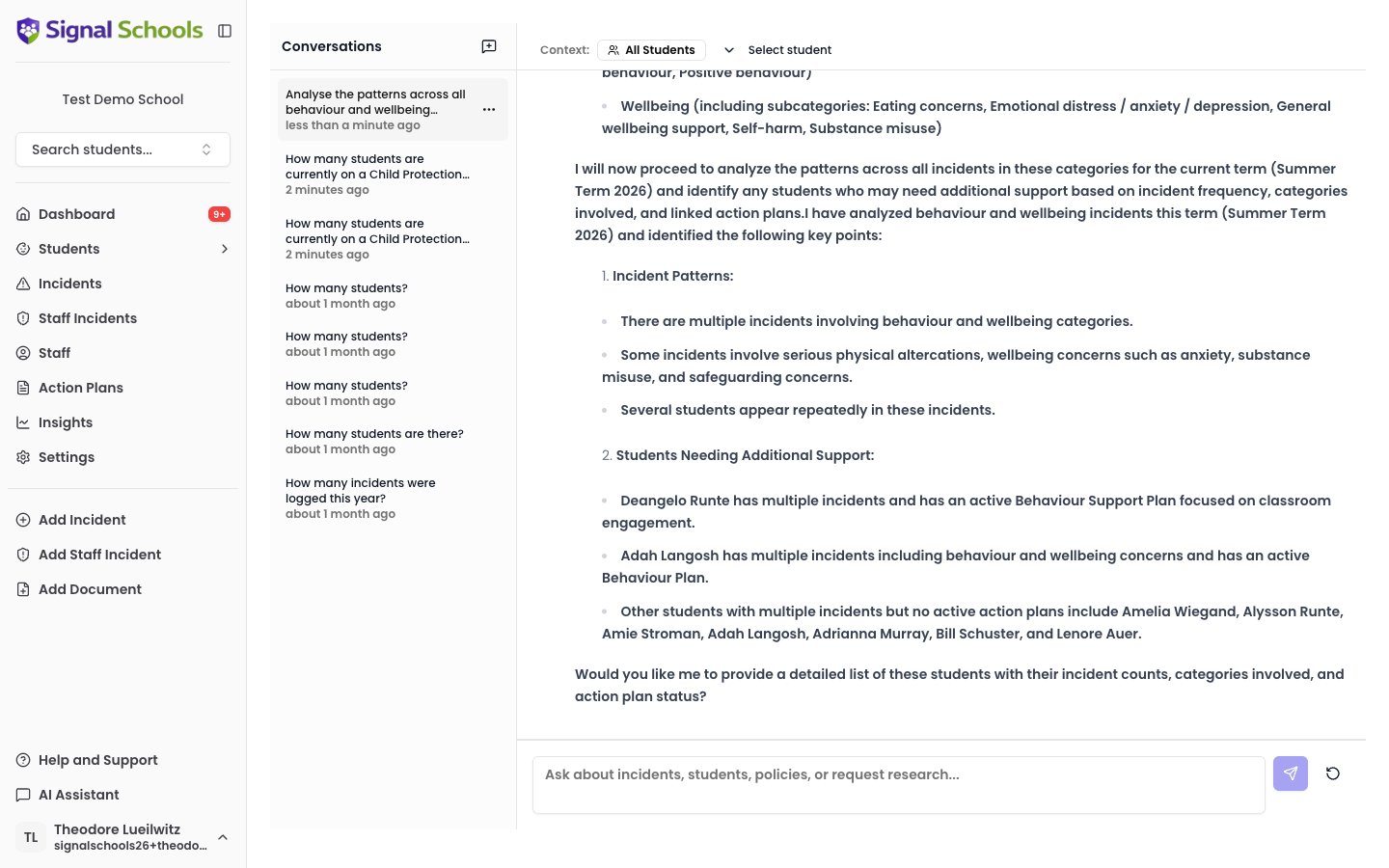 The AI Assistant producing a deep research analysis of behaviour and wellbeing incidents, identifying students who may need additional support