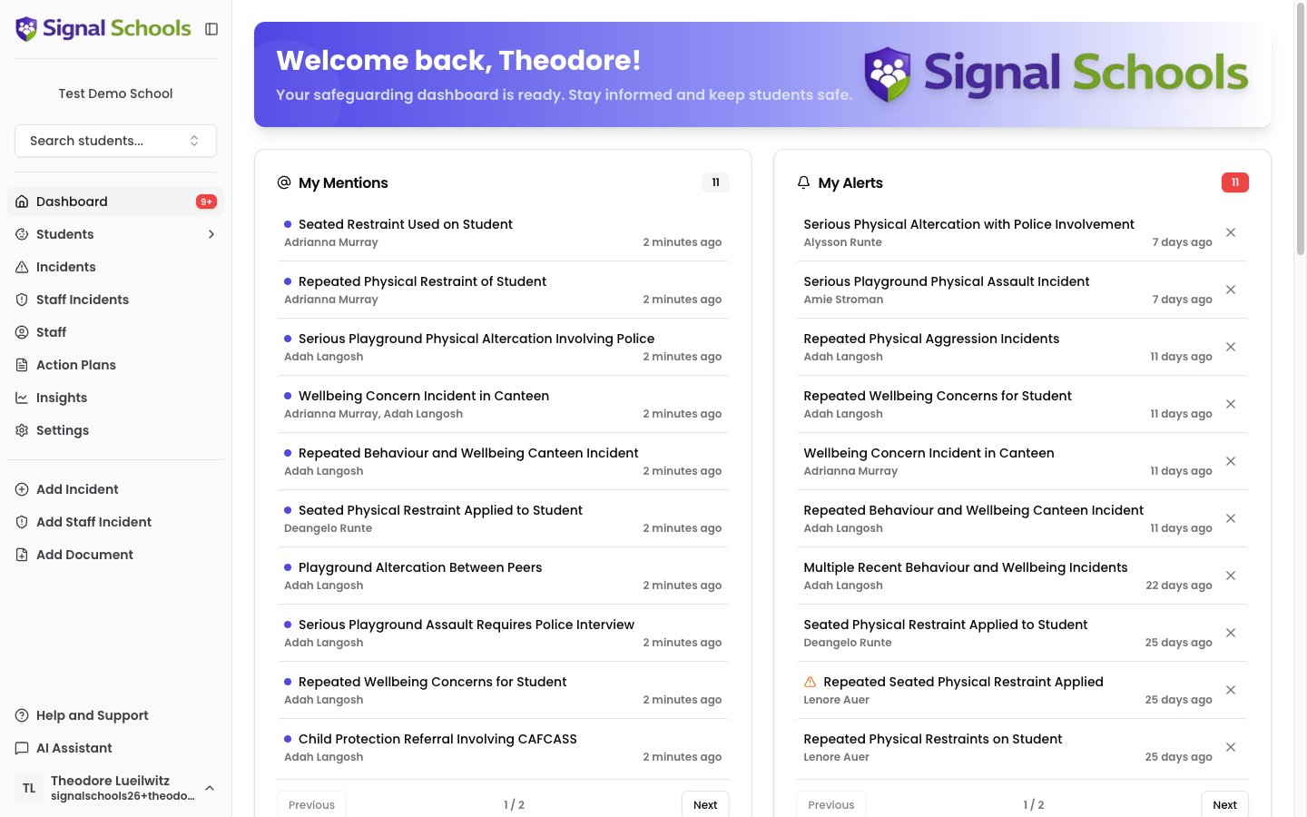 The Signal dashboard showing My Alerts and other key widgets