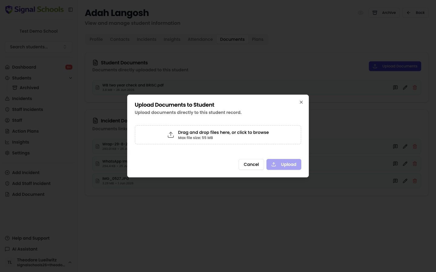 The Upload Documents to Student dialog with a drag-and-drop area for selecting files