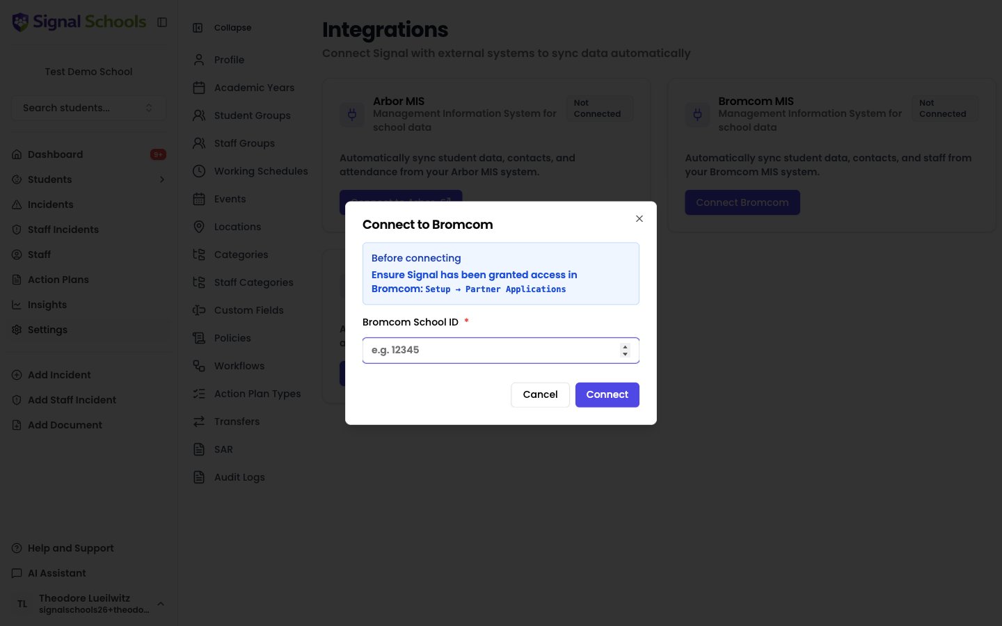 The Connect to Bromcom dialog asking for the Bromcom School ID