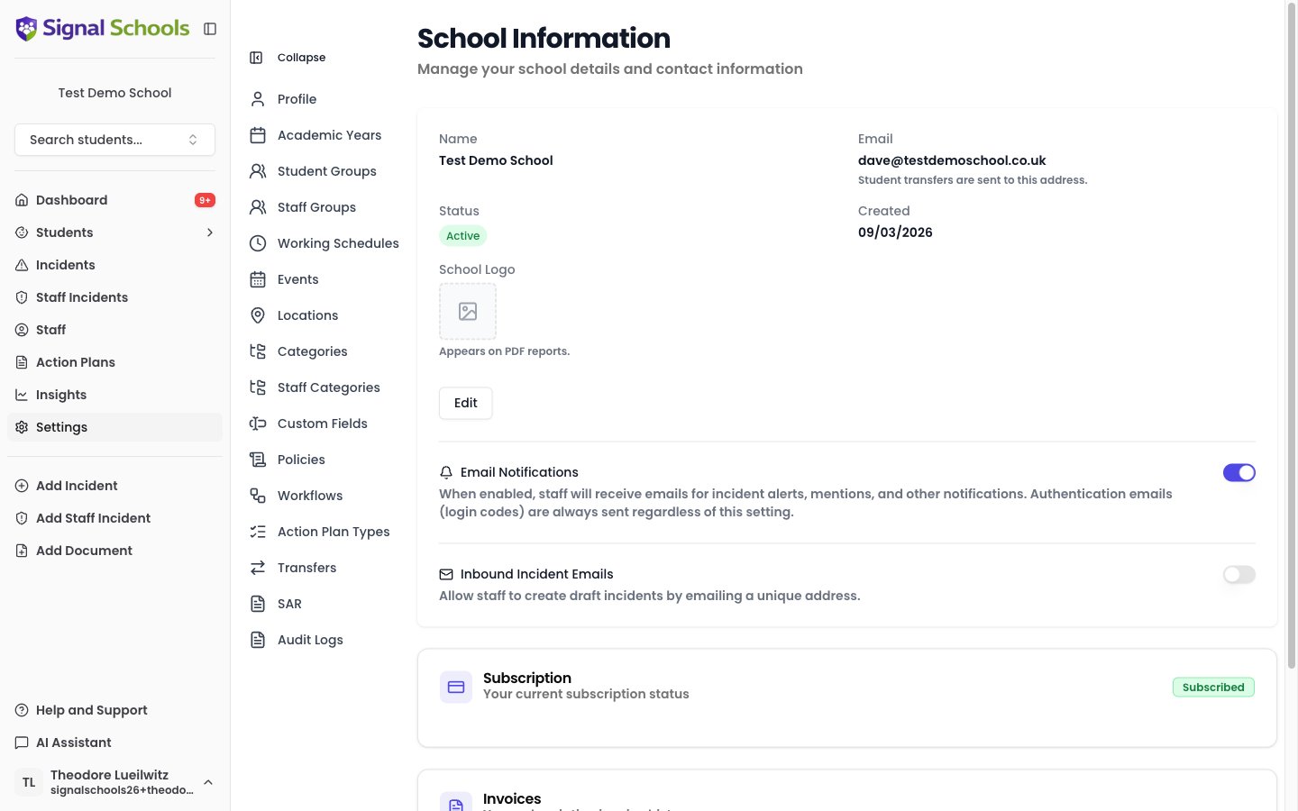 The Settings page with the School Information panel and the settings navigation listing Profile, Academic Years, Groups, Locations, Categories, Policies, Workflows, and more