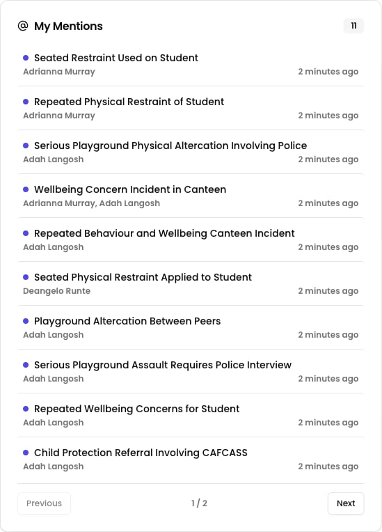 The My Mentions section on the dashboard listing incidents where you have been mentioned