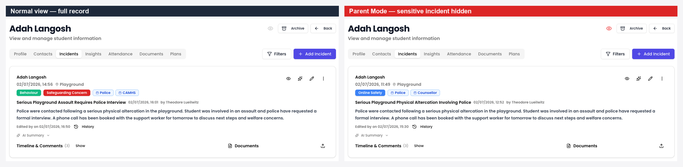 A side-by-side comparison of a student's incident list in the normal view and in Parent Mode, where an incident in a hidden category no longer appears