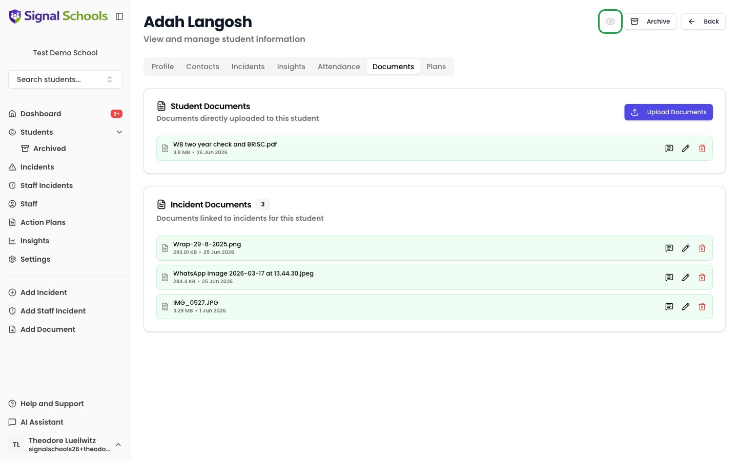 The Parent Mode toggle (eye icon) in the top corner of a student's profile detail view