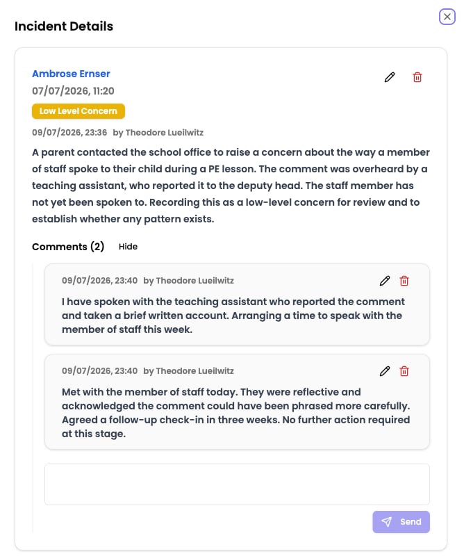 A staff incident detail panel showing the description and a Comments section with two comments and a reply box