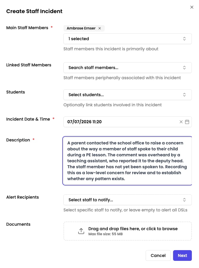 The Create Staff Incident form with a main staff member selected, an incident date, and a description