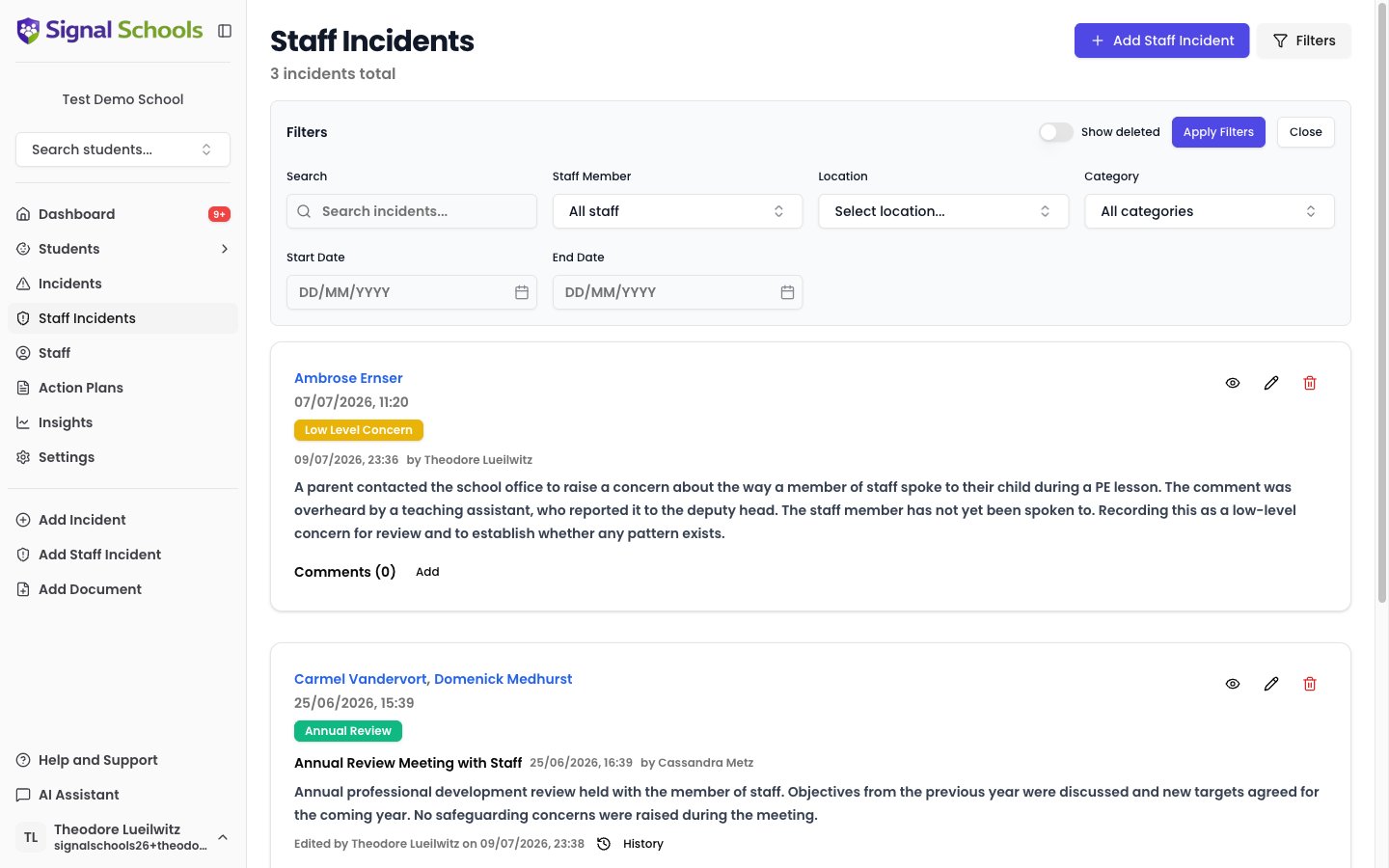 The Staff Incidents list with the filter panel open, showing search, staff member, location, category, and date-range filters