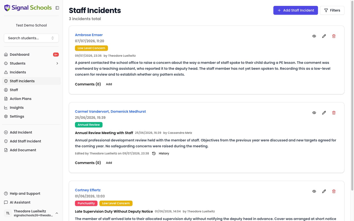 The Staff Incidents list showing recorded staff concerns with categories, staff names, and dates